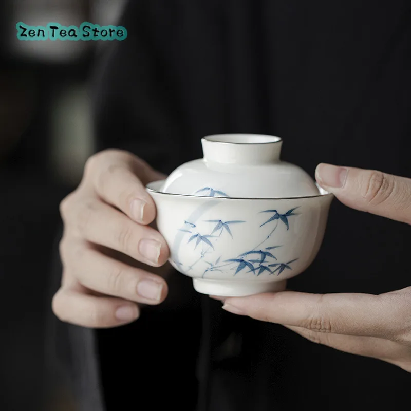 

Hand-painted Blue And White Small Cover Bowl Household 100ml Ceramic Tea Bowl Mini Literati Under Glaze Color Cover Bowl