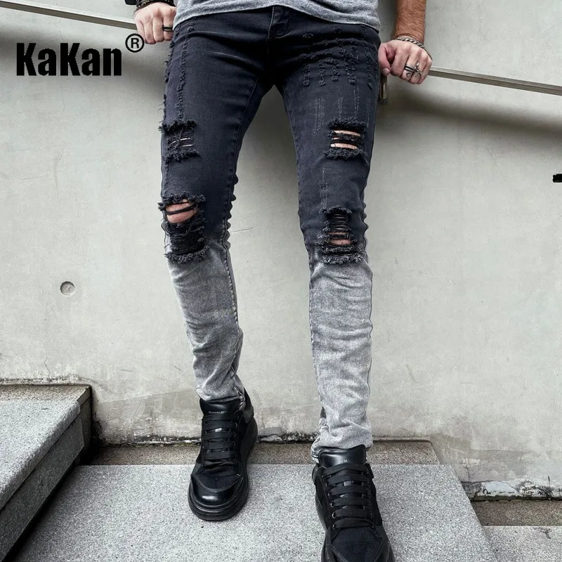 Kakan - New European and American Distressed White Jeans for Men, Black Elastic Tight Casual Pants K9-1866