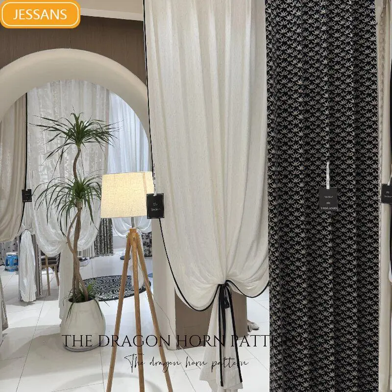 Französische Retro Schwarze Jacquard-Kaschmir-Chenille Dicke Vorhänge für Wohnzimmer Schlafzimmer Balkon Maßgefertigte Trennwand-Türvorhänge
