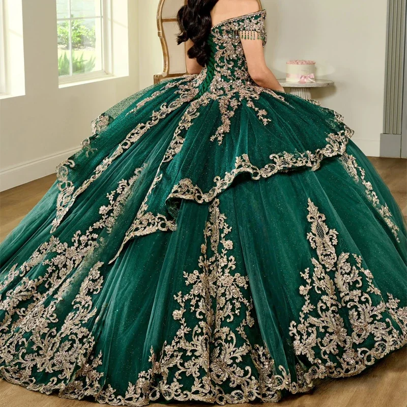 Angelsbridep Customized Emerald Green Ball Gown Quinceanera Dresses 2025 Glitter Tulle Sweet 16 Evening Dress Vestido De 15 Años