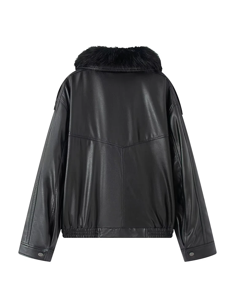 Women Faux Leather Jacket Long Sleeve Fluffy Fur Splice Collar Short Coat 2026 Winter Elegant Street Outfit Fashion Casual Loose