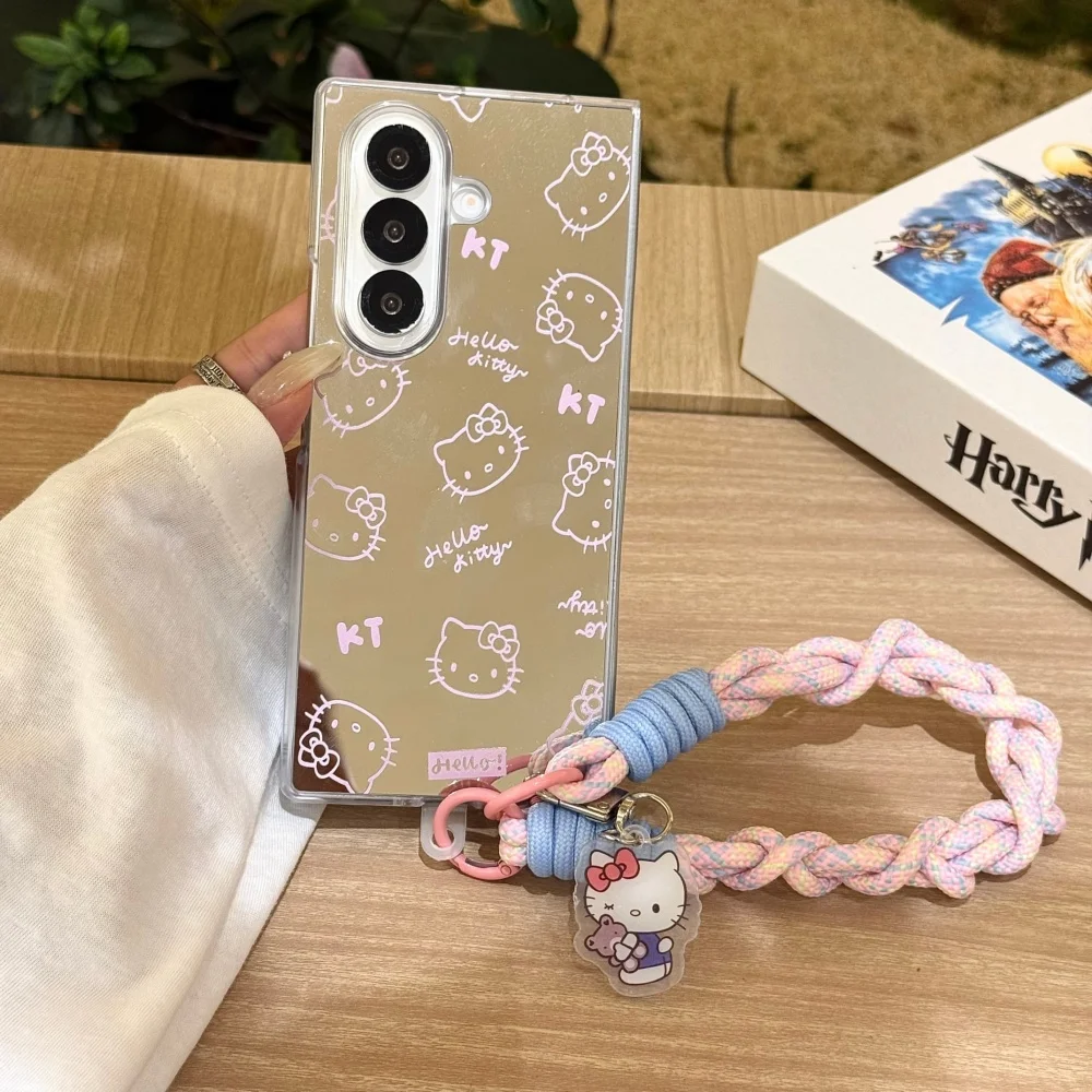 Luxury Makeup Mirror Line KT Cat Short Rope Phone Case For Samsung Galaxy Z Fold 7 6 5 4 3 Shockproof Protective Acrylic Cover view 4