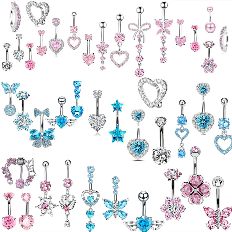 Pink Flower Belly Button Rings Set Women Blue Crystal Belly Piercing Bulk Heart Navel Barbell Jewelry Pack Piercing Ombligo Lote