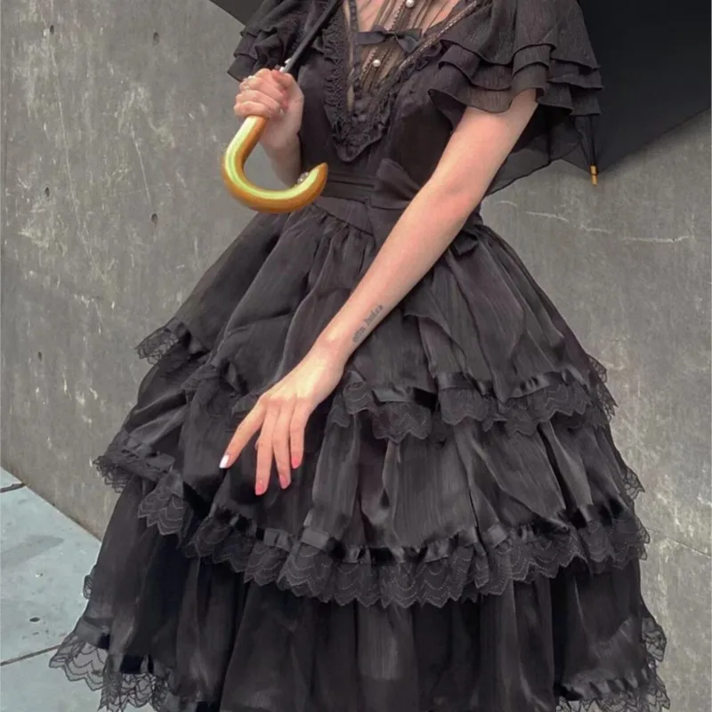 Dark Goth Style Girl's Dress Flower Wedding Daily Short Sleeve Tulle