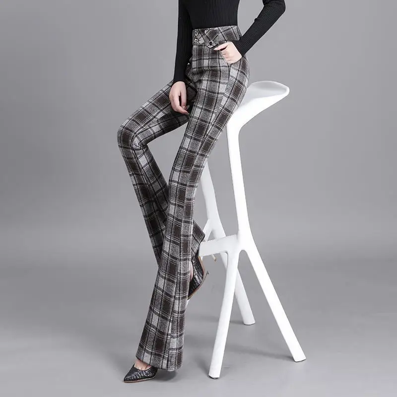 Vintage Fashion Autumn Winter Woolen Flare Pants Women High Waist Plaid Button Pockets Temperament Casual Slim Wide Leg Trousers