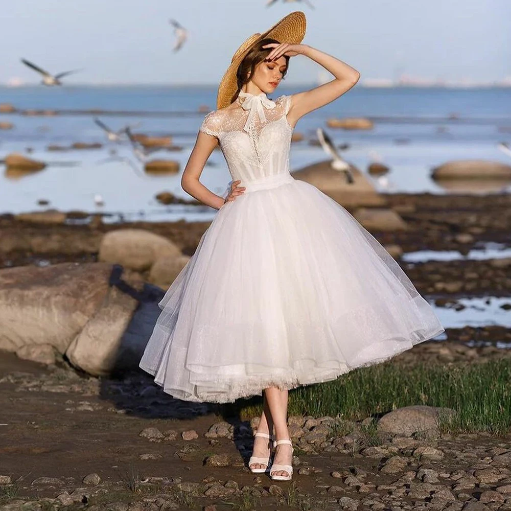 

Short Wedding Dress Midi Ball Gown Cap Sleeves Lace Wedding Gowns for Women Elegant Belt White Tulle Wedding Party Dresses 2023