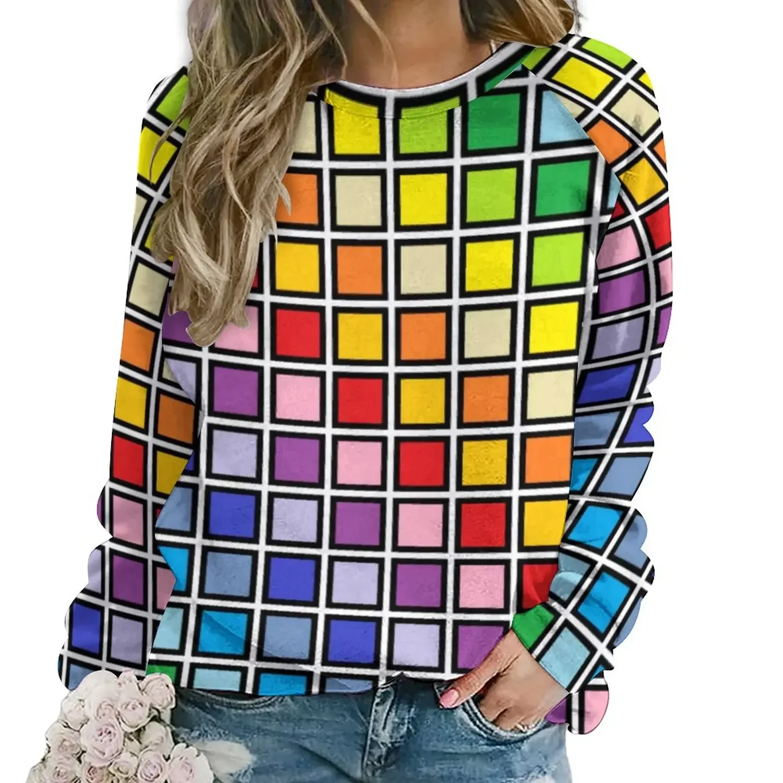 

Rainbow Squares Print Hoodies Spring Colorful Plaids Harajuku Oversized Hoodie Woman Long Sleeve Funny Graphic Casual Clothes