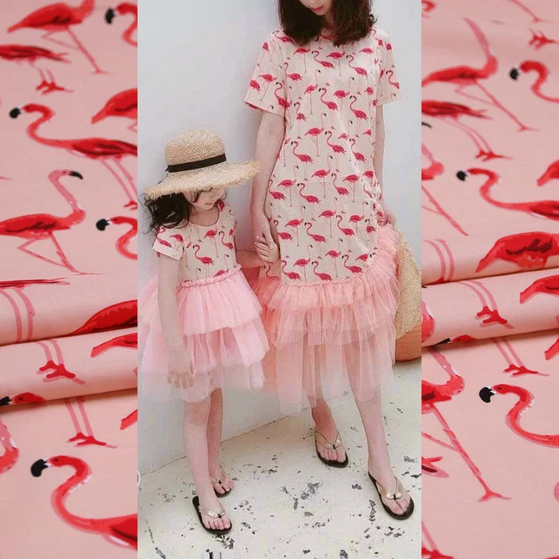 Summer Cartoon Flamingo Print Parent-child Dress 100% Cotton Fabric DIY Baby Clothes Shirt Fabrics Colth Per Meter Material