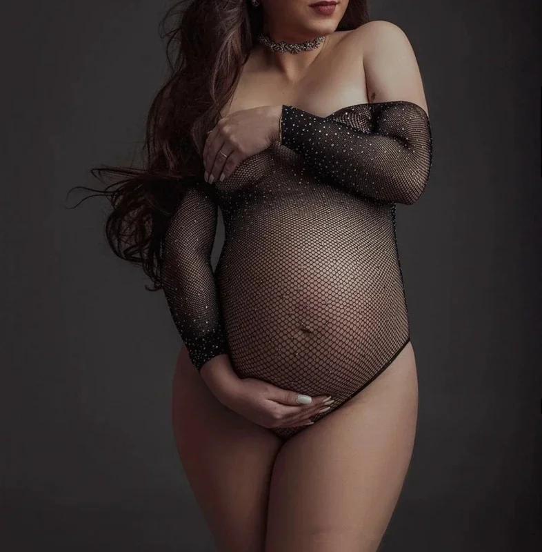 See Through Bodygestant Maternity Photography Props Bodysuit Full Sleeve Slash Neck Transparent Pregnant Woman Bodysuit Stretchy