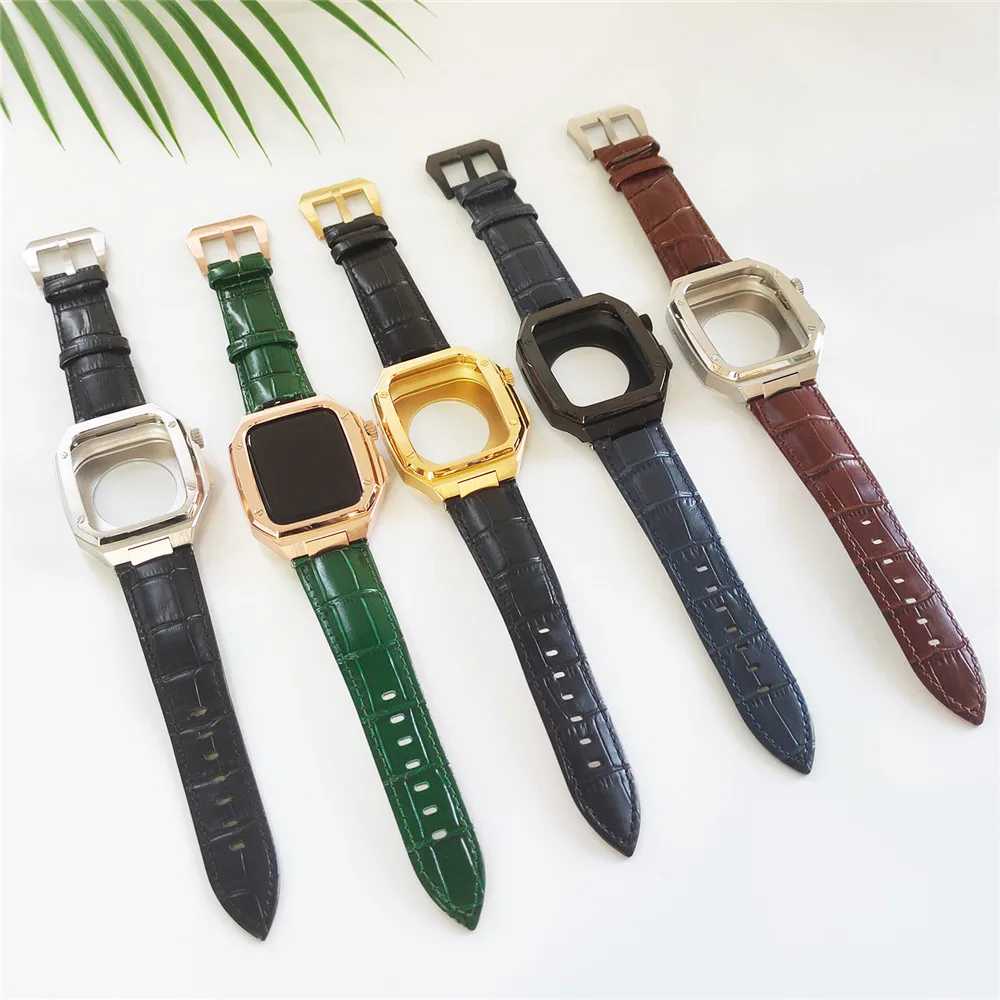 Luxury Stainless Steel Modification Mod Kit for Apple Watch 9 8 7 45mm Leather Strap Metal Case iWatch 6 5 4 SE 44mm Band Set