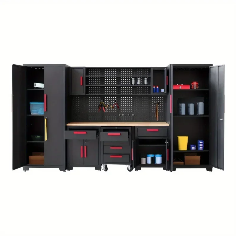 9pcs Garage Shop Tool Storage Cabinet With Pegboard And Wooden Work Top