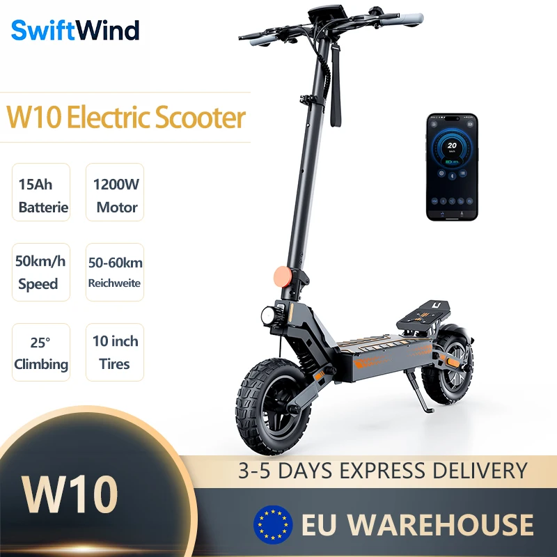 Scooter Eléctrico W10 de 10 Pulgadas, Alcance Máximo de 60 km, Velocidad de 45 km/h, 48V 13.5Ah, 1200W Pico, Neumático Todoterreno, Doble Freno, con APP