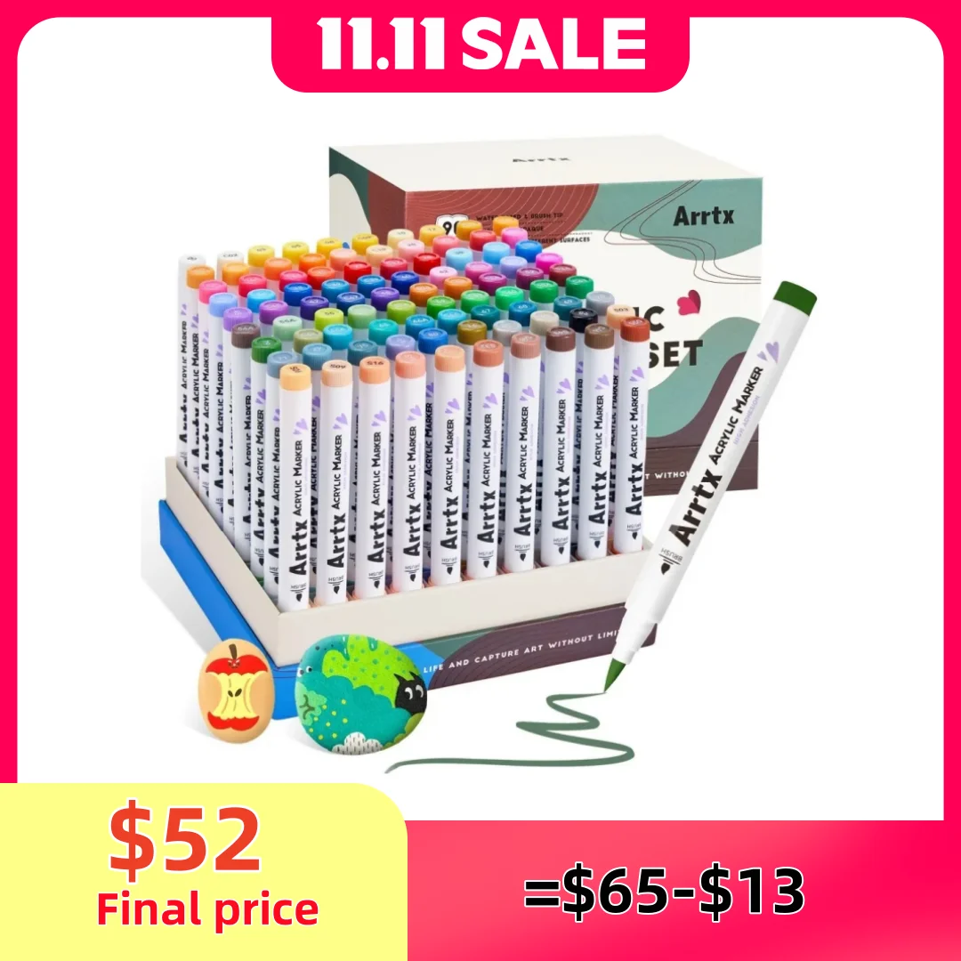 

New Arrtx Acrylic Markers 90 Colors Brush Tip Paint Pens Water Based Ink No Toxic Waterproof for Rock Painting Wood Stone Glass