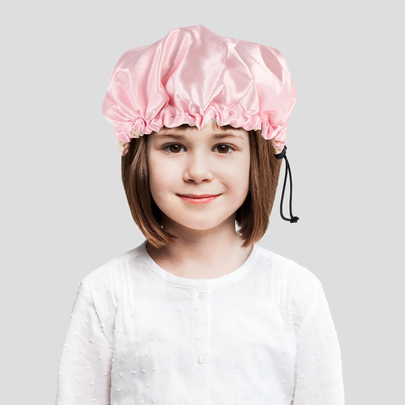 

Kids Double-Layer Satin Sleeping Cap Elastic Adjustable Night Head Cover for Hair Protection Wash Face Shower Use Pink