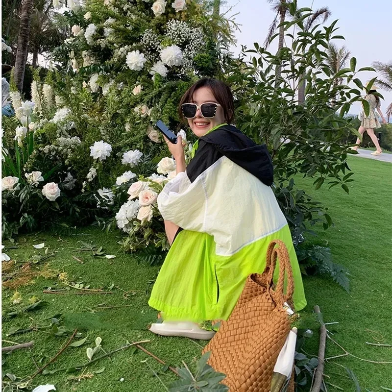 Odzież z filtrem przeciwsłonecznym damska lato 2025 nowa damska dopasowana kolorystycznie kurtka luźna odzież chroniąca przed słońcem płaszcz cienki płaszcz z kapturem