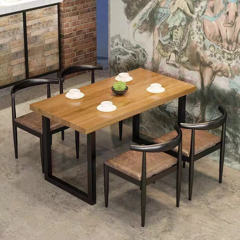 western wooden table, iron leg bar and family table, restaurant multi-seat long table