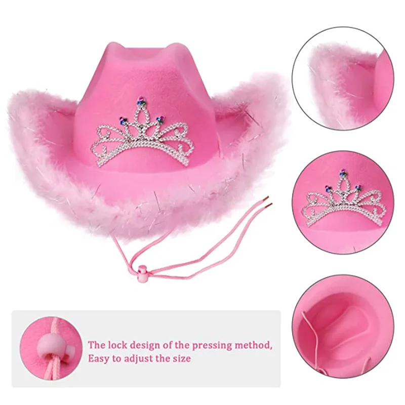 Pink west Cowgirl Hats for Women Cow Girl Hats Tiara Feather Felt Western Sequin Cowboy Hat Costume Party Play Dress Cap