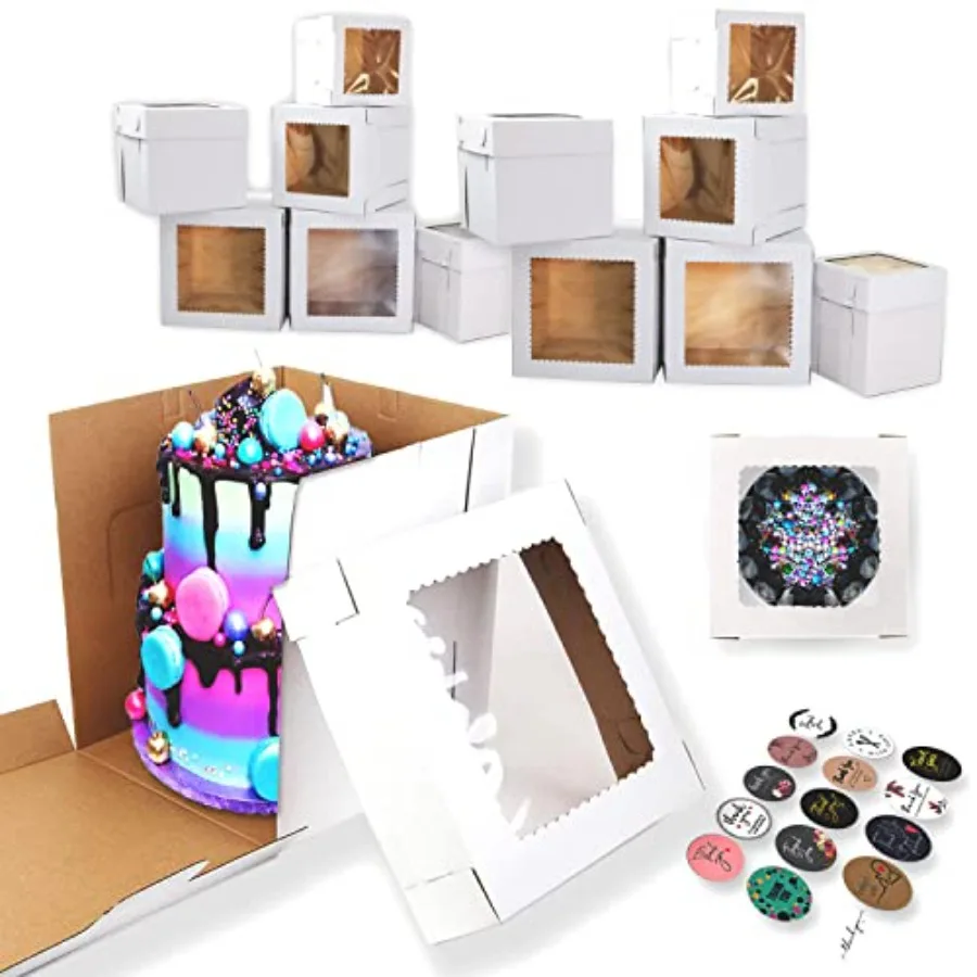 

12 высоких коробок для тортов с окошком в 6 размерах + 15 наклеек с благодарностью 12x12, 10x10, 8x8, одноразовые коробки для выпечки на вынос