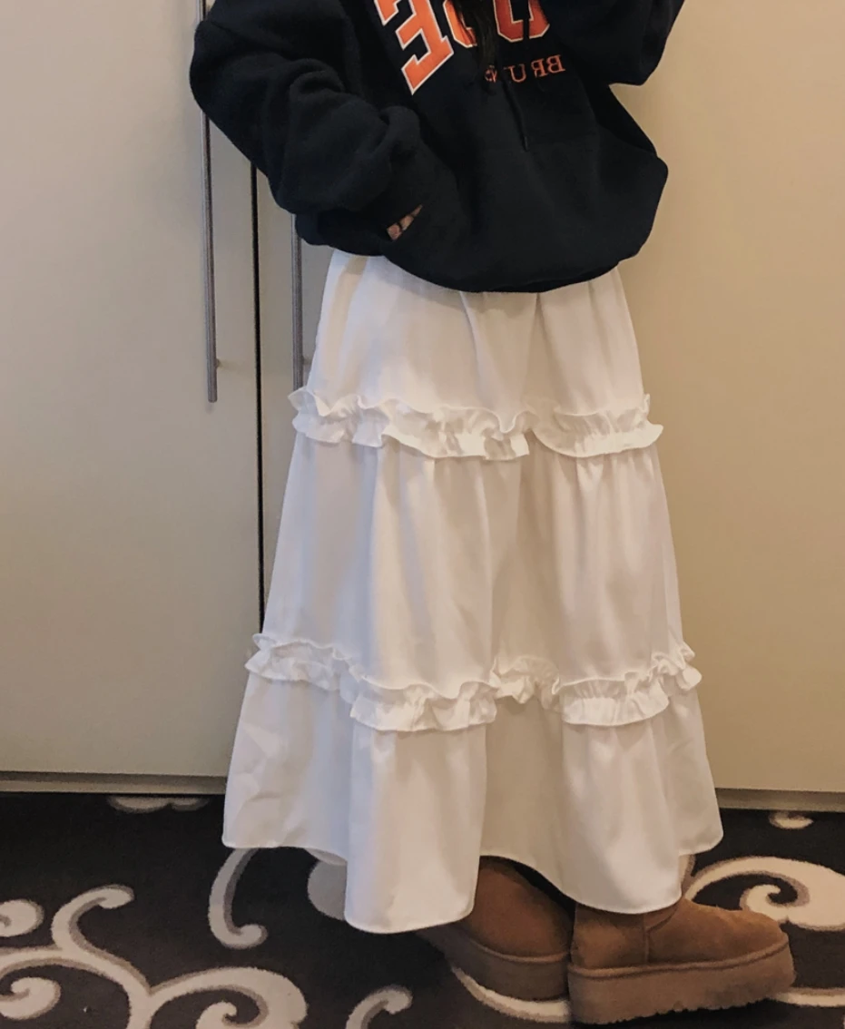 

Весна 2024, свободная японская юбка Sle f, женская милая длинная юбка с кружевной отделкой, полиэфирное волокно, со средней талией