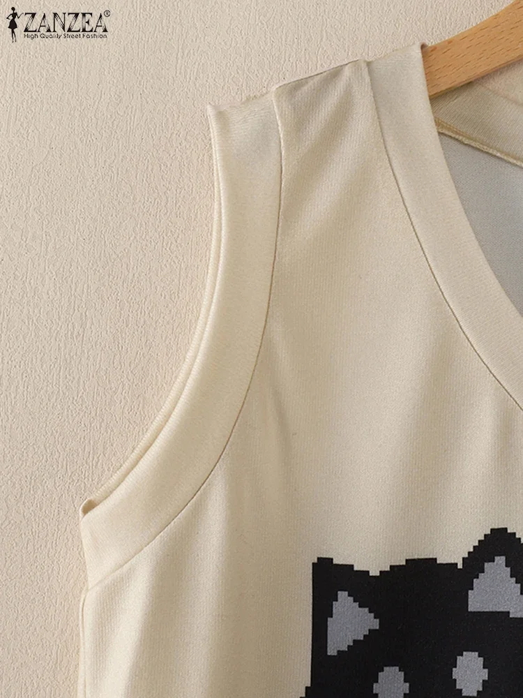 ZANZEA 2025 الخريف المرأة بلا أكمام لطيف تانك القمم خمر الكرتون المطبوعة سترات عطلة الخامس الرقبة محبوك وتتسابق بسيطة الستر