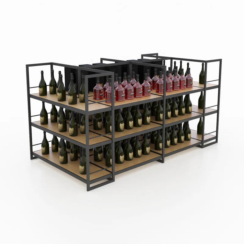 custom.Yiree metal factory store fixtures custom iron black stand  bottle storage floor wine shelf for supermarket