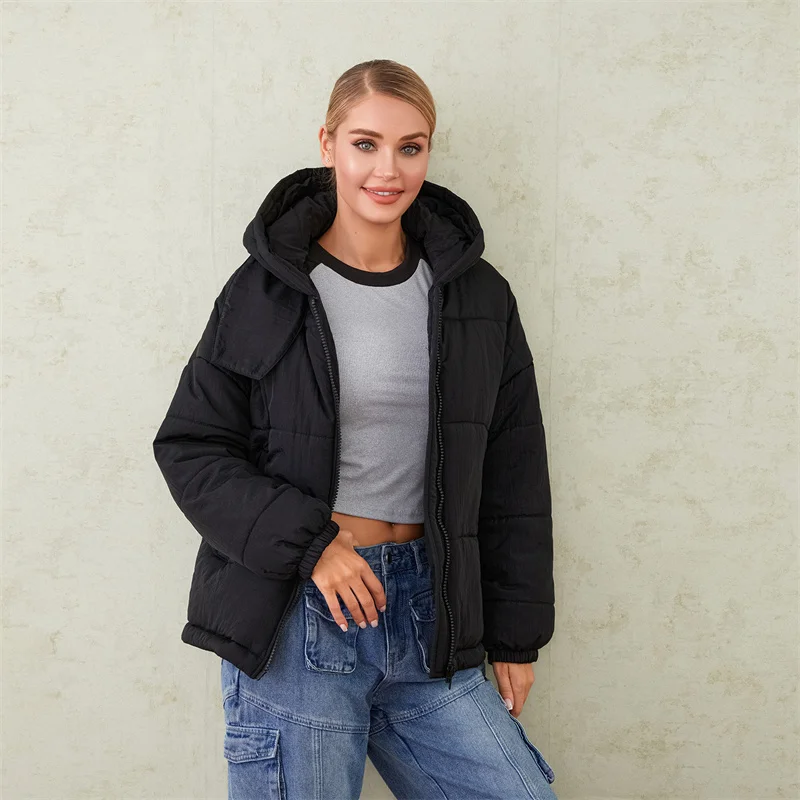 Warm Winter Women Coats Solid Vintage Fashion Devil Horn Hooded Tops Outwear Long Sleeve Zip Up Quilted Puffer Jacket Streetwear