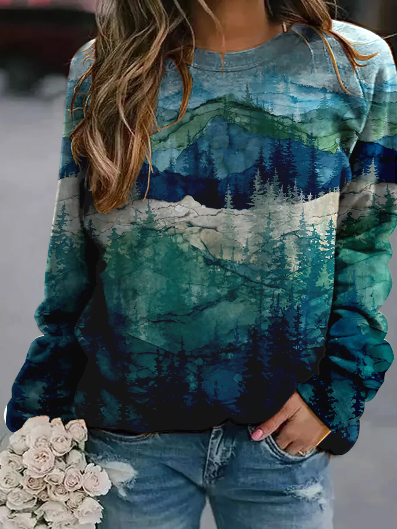 꽃무늬 스웨트셔츠 자연 풍경 그림 3D 프린트 여성 캐주얼 래글런 긴팔 풀오버 하라주쿠 탑 여성 의류