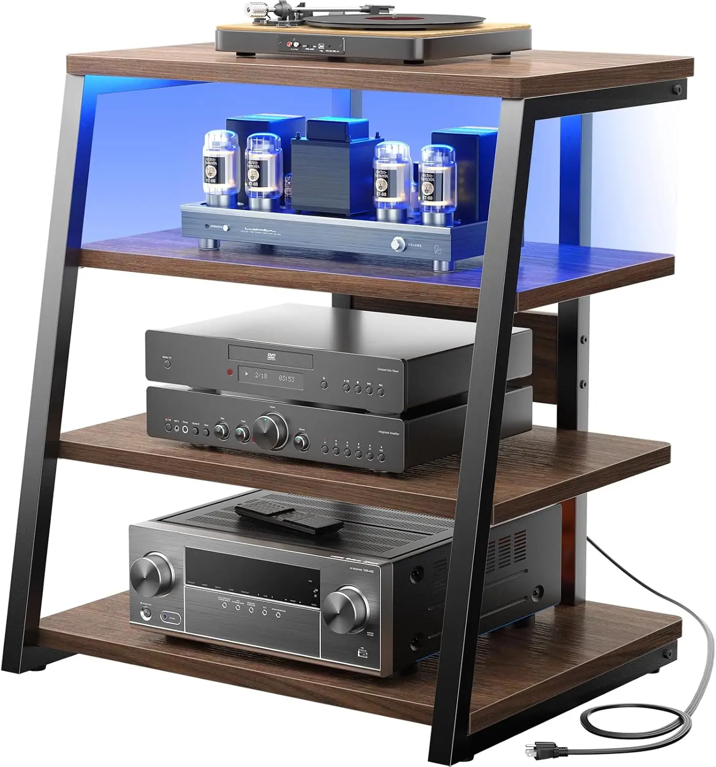 4-Tier AV Media Stand with Power Strips, Corner TV Stand with LED Lights, Rack Audio Tower with Adjustable Shelves, Corner Enter