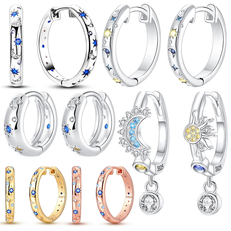 Aros de Plata de Ley 925 para mujer, aretes con Piercing de circonita azul cúbica, Luna, sol, joyería de compromiso fina, regalos