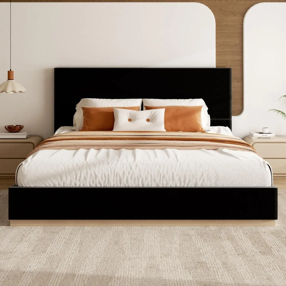 

Queen Size Platform Bed Frame with Headboard, Velvet Grounded Bed with Wood Slats, Heavy Duty Mattress Foundation, Box Spring Op