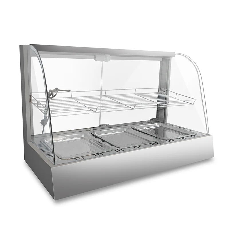 Professional stainless steel curved glass fast food preservation display case for hotels and restaurants