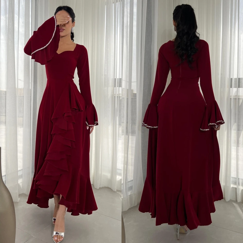 Customized Elegant Square Collar Evening Dress and Exquisite Long Sleeves Party Dresses and Temperament Jersey Prom Dress