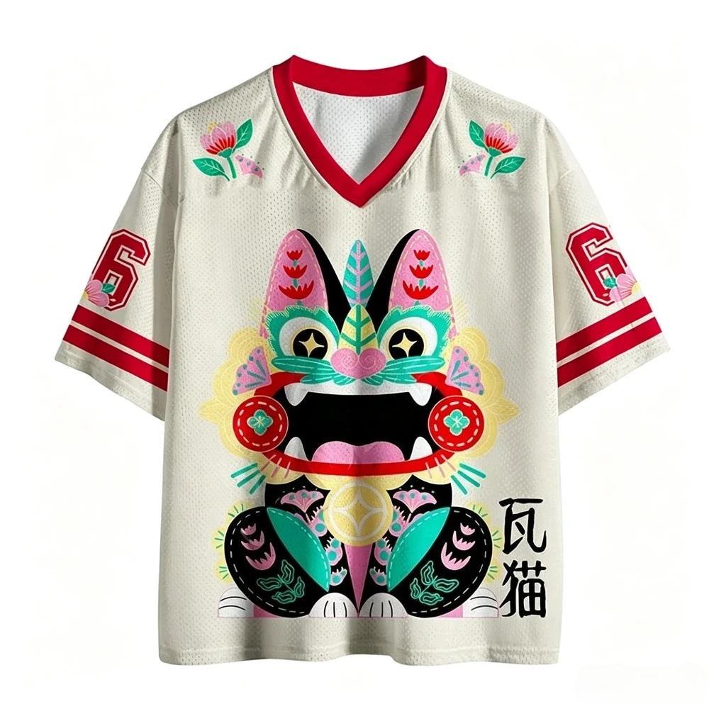 Japanese Retro Fun Lucky Cat 3D Print Quick-drying Men's and Women's V-neck Loose T-shirt, Fashionable and Trendy Children's Top