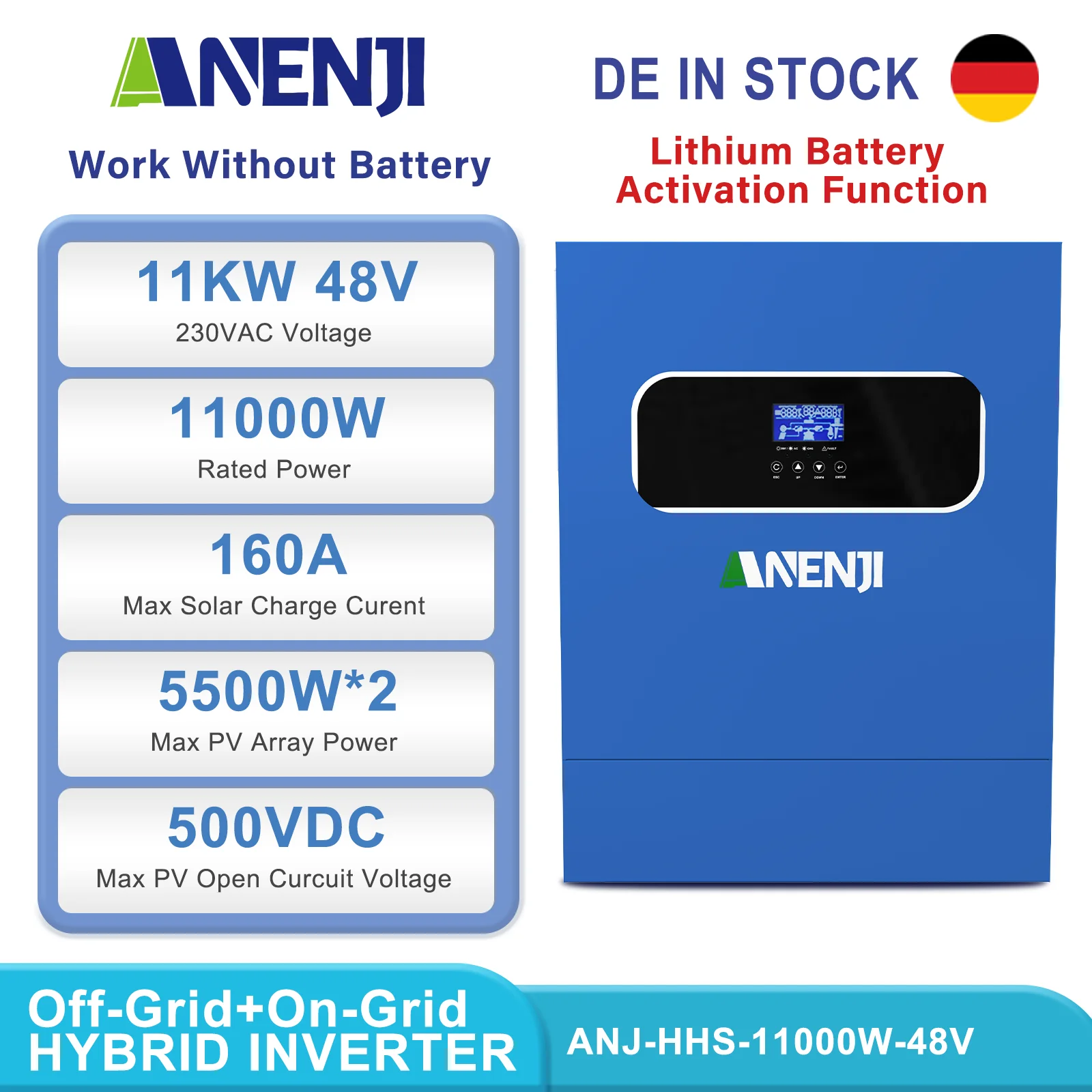

ANENJI 11KW Solar Inverters Hybrid 220V 48V MPPT inversor solar híbrido On Grid Off Grid LiFePO4 Support for Solar Panel PV