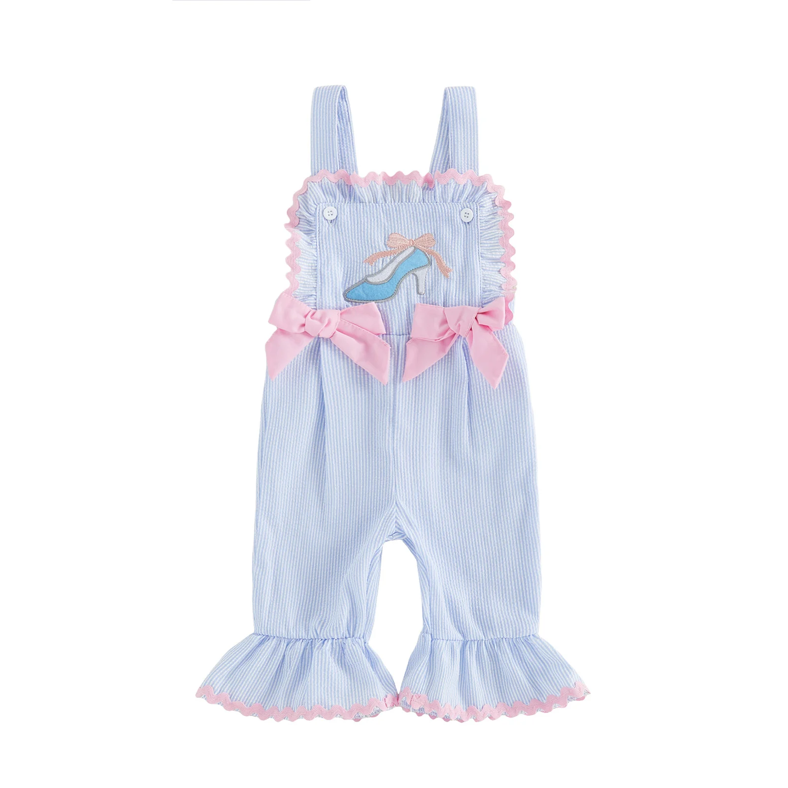 Toddler Baby Girls Overalls Adorable Glass Slipper Embroidery Sleeveless Square Neck Striped Bell Bottoms Jumpsuit