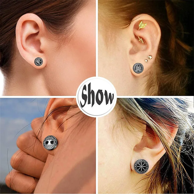 1Pair Viking Barbell Stud Earring For Men/Women Moon Flower Cross Stainless Steel Screw Studs Punk Gothic Piercing Jewelry view 6