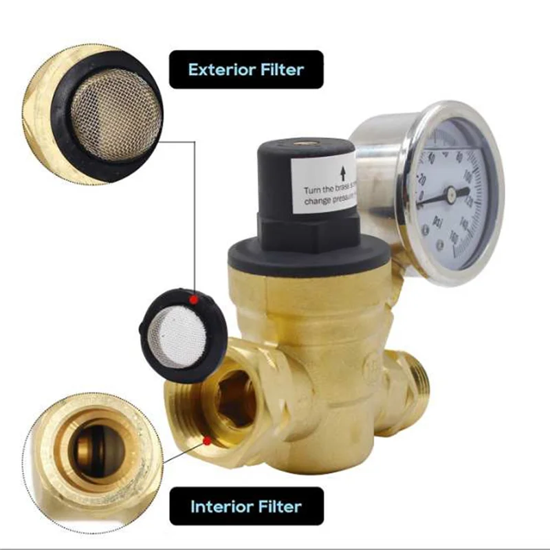 

Classy-Adjustable Water Pressure Regulator RV Water Pressure Regulator With Gauge And Inlet-Screened Filter