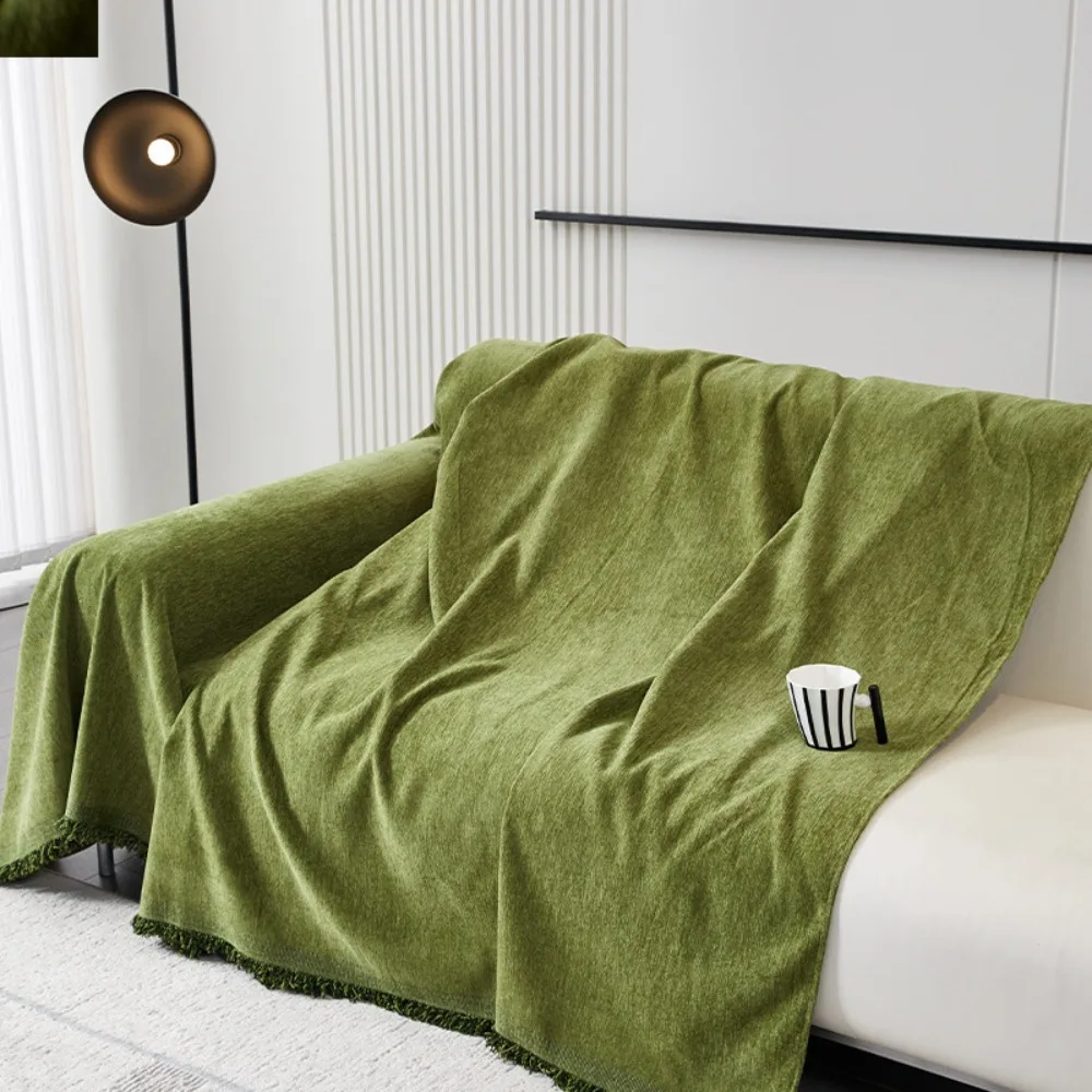 Herringbone Texture Chenille Couch Cover With Tassel Edge Solid Color Sofa Towel Wear Resistant Prevent Wrinkles Sofa Blanket