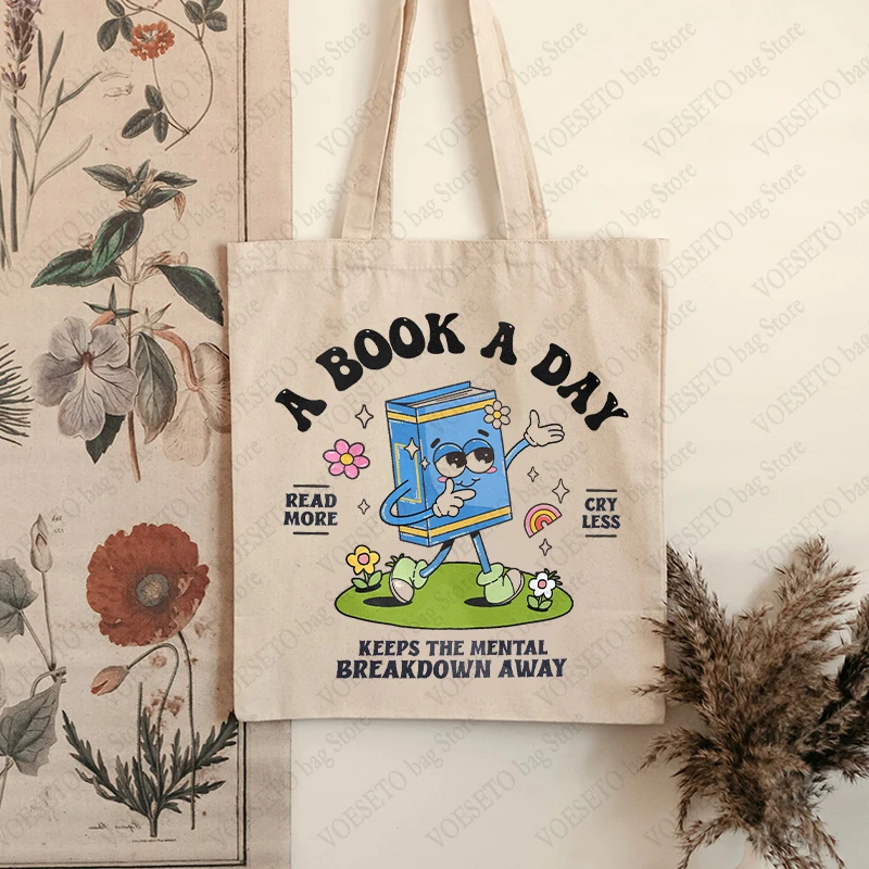 A Book A Day Keep The Mental Breakdown Pattern Tote Bag Canvas Shoulder Bag for Readers Shopping Bags Gift for Reading Lovers