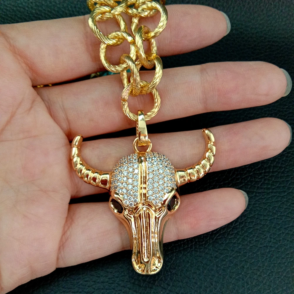 Y·YING 24\'\' Blue Turquoise White keshi Pearl Yellow Gold Plated Chain Necklace CZ Cow Pendant