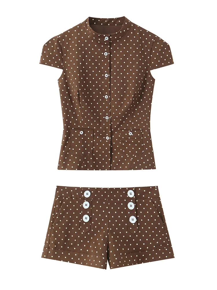 HH Elegant Womens 2 Piece Slim Set Brown Polka Dot Stand Collar Tops Button Shorts for Office Casual Fashion Streetwear Outings