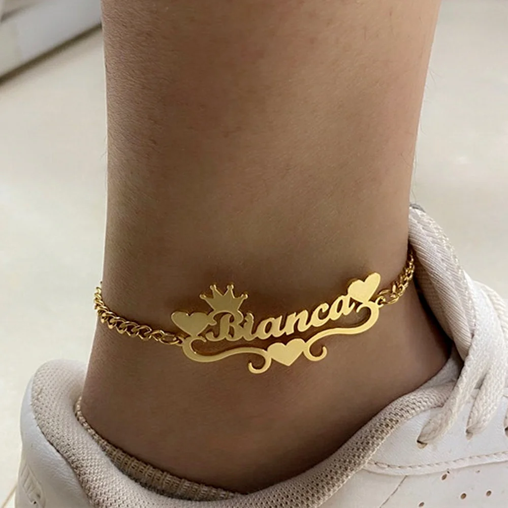 Custom Heart Name Anklets Jewelry for Women Customized Cuban Foot Chain Fashion Crown Nameplate Personalized Bracelet