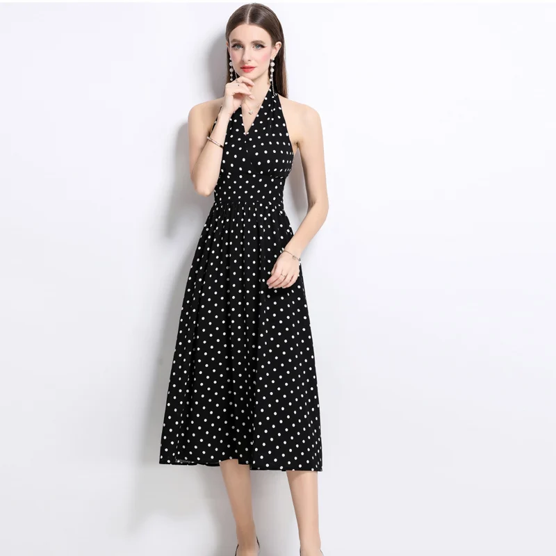 

2025 Summer New Women's Elegant Polka Dot Party Dress Fashion Halterneck High Waist A-line Backless Sling Holidays Long Dresses