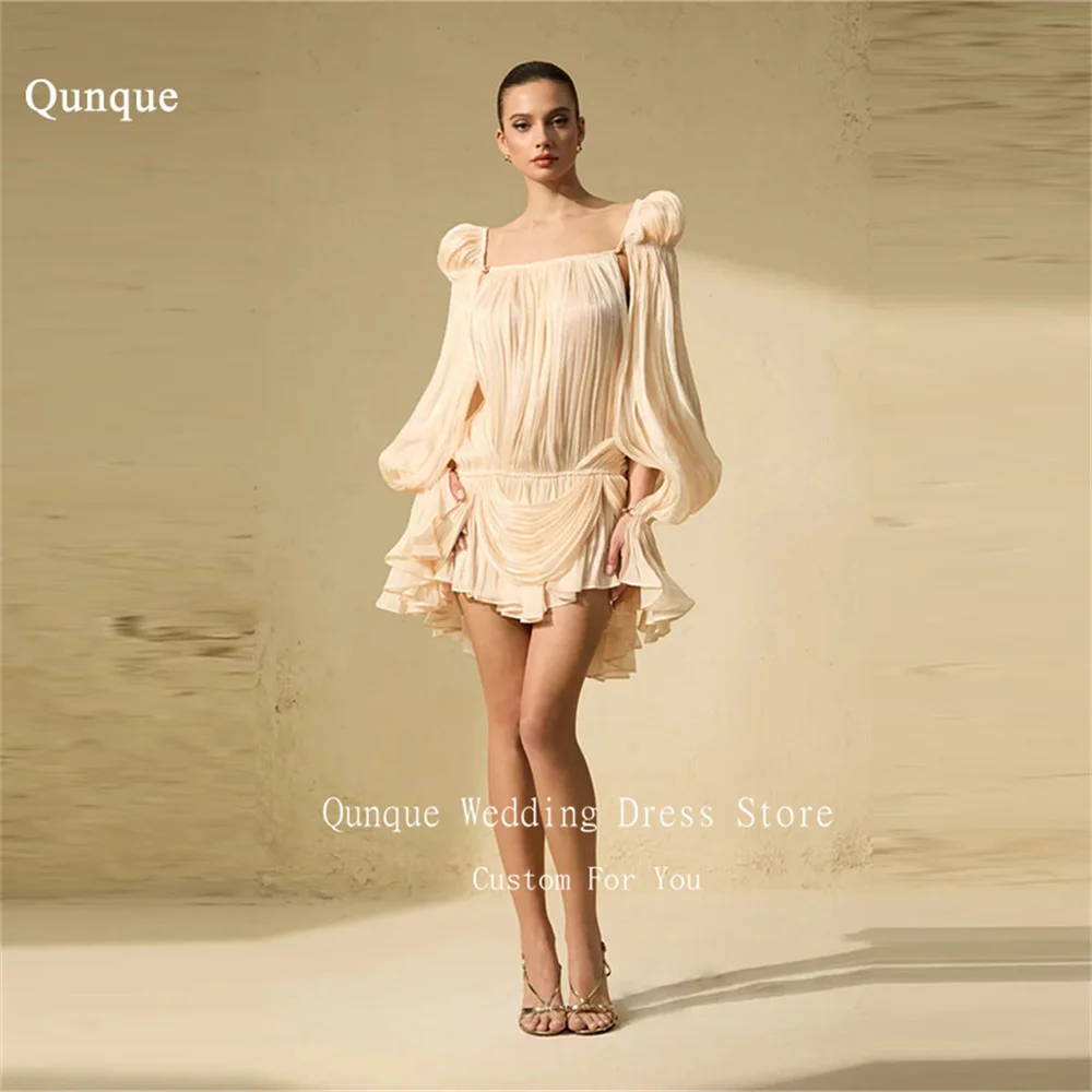 

Qunque Mini Chiffon Prom Gowns Long Sleeves A Line Square Collar Elegant Homecoming Dresses Short Fashion Party Dress Customized
