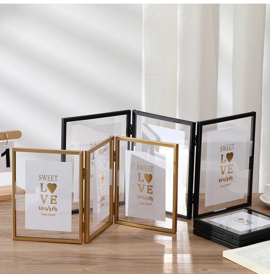 Collapsible Triplet Metal Picture Frame 4 inch 6 inch 7 inch Golden Photo Frame Creative Home Decor Simple Desktop Ornament