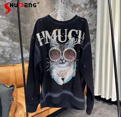 New Fashion Cartoon Cat Rhinestone Round Neck Women's Pullover Hoodie Beads Diamond-Embedded Cool Handsome Loose Top Sweatshirt