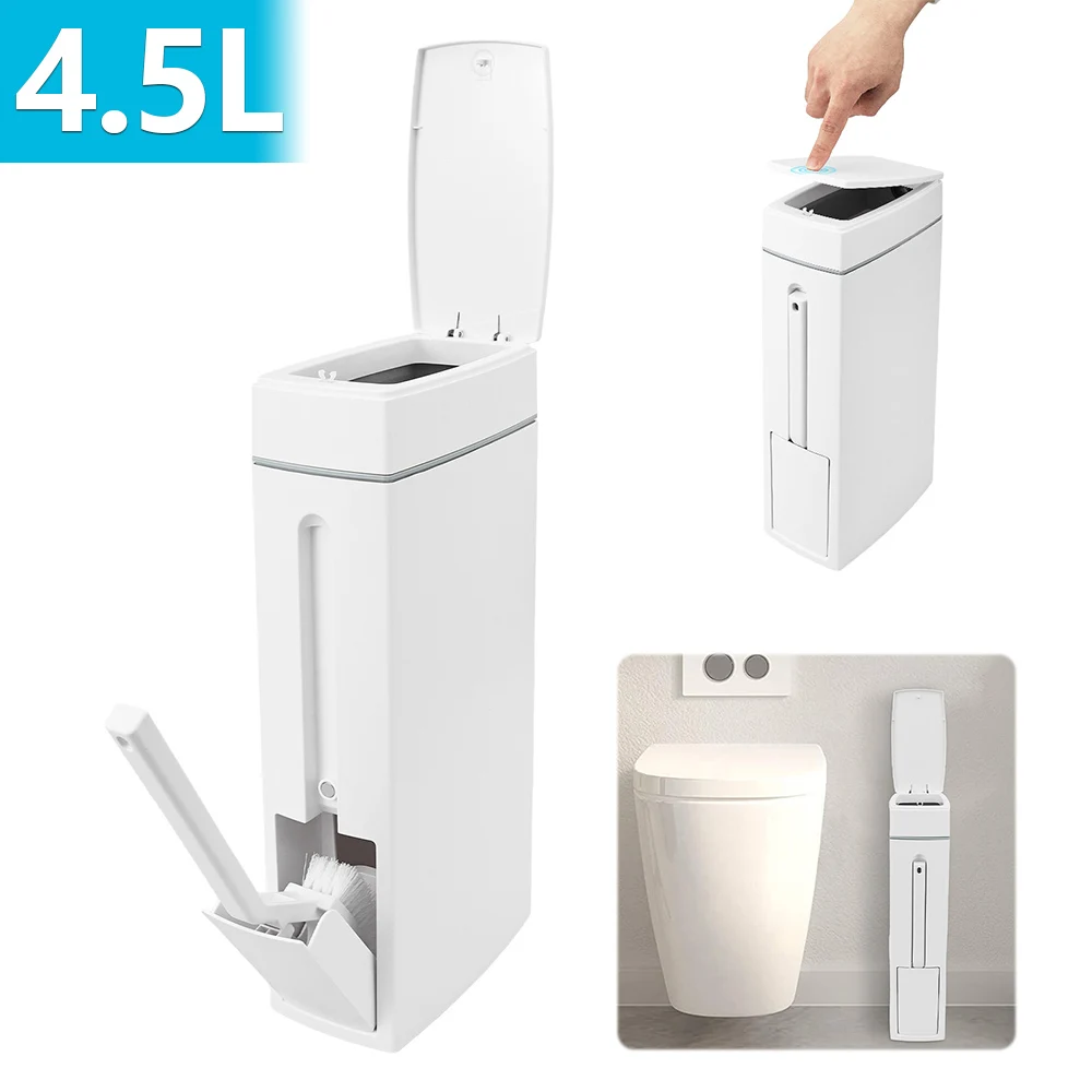 4.5L White Bathroom Trash Can with Toilet Brush Large Capacity Self Sealing Slim Bin Narrow Garbage Can Bathroom Accessories