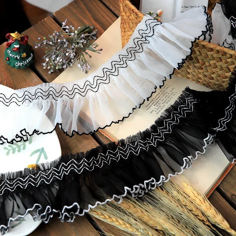 Pleated Organza Lace Ribbon Trim, Unilateral, White, Black, Ruffle, DIY Sewing, Wedding Craft, 6.8cm Wide, 2Yards