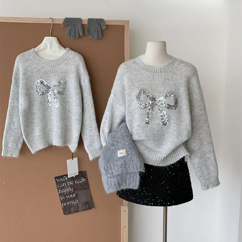 Winter Women Vintage Long Sleeve Sequin Mohair Knitted Sweater 2000s Aesthetic Korean Fashion Girls Pullovers Cuddly Cozy Chic