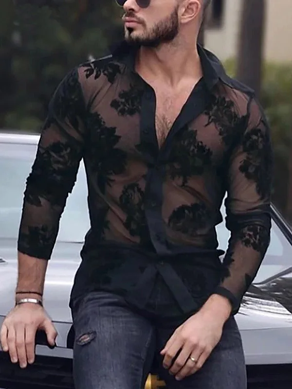 

Мужская дышащая кружевная рубашка с длинным рукавом в американском стиле, весенне-летняя, модная, сексуальная, повседневная, облегающая, из полиэстера